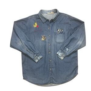 VTG Cabin Creek Kitschy Whimsical Embroidered Cat Denim Long Sleeve Shirt Large